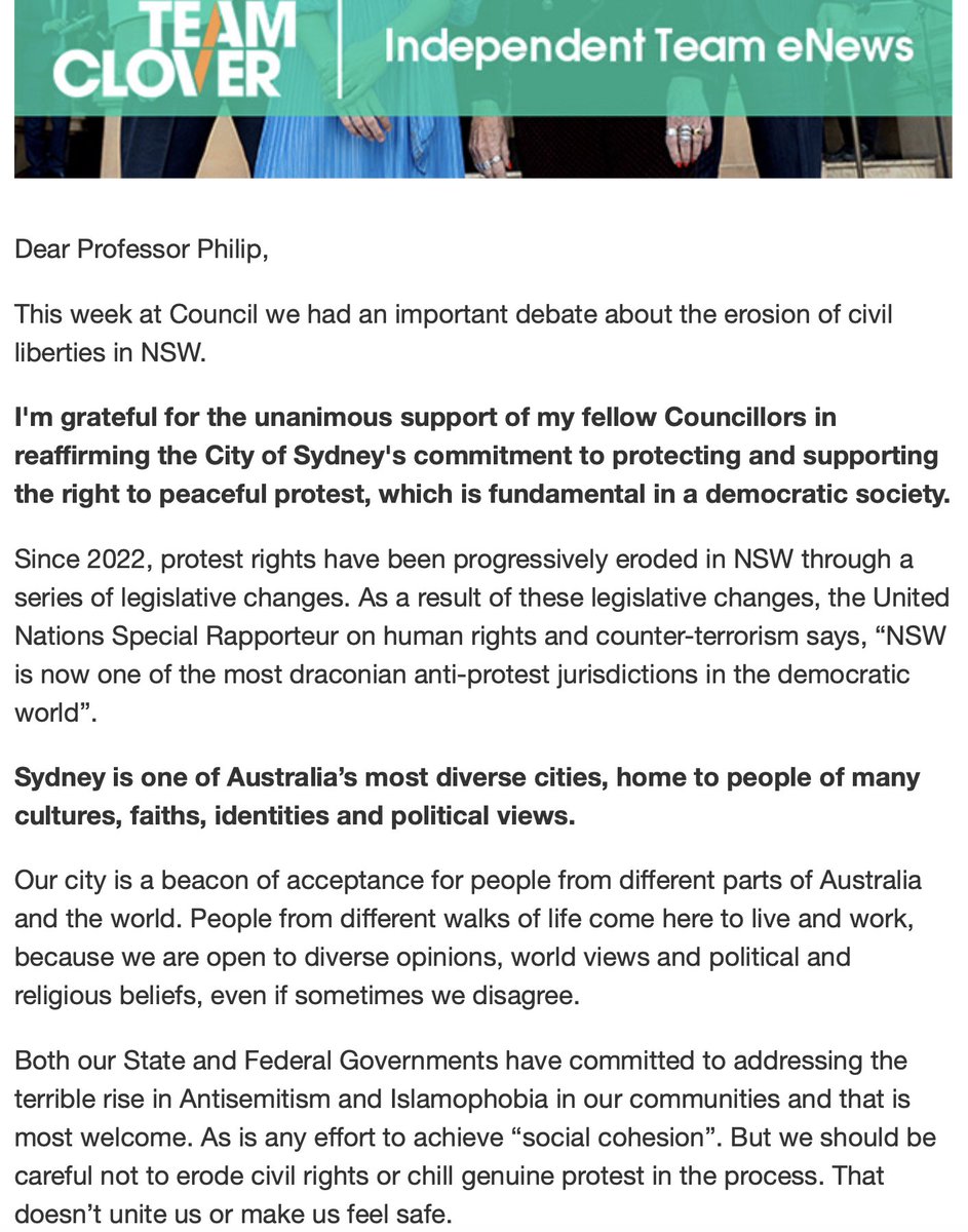 Great call out by Sydney Lord Mayor <a href="/CloverMoore/">Clover Moore AO</a> on the erosion of our hard-won civil liberties.
Put this right in front of all those lousy State Premiers, who are all too eager to sharply intrude on our democratic rights to assemble &amp; protest;
@chrisminnsmp
<a href="/AlboMP/">Anthony Albanese</a>