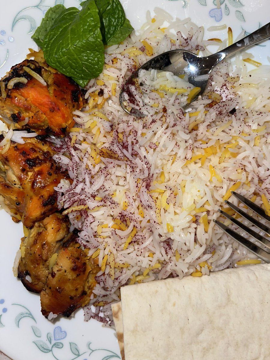 Jujeh kebab, basmati rice w sumac, fresh mint and lavash #dinner