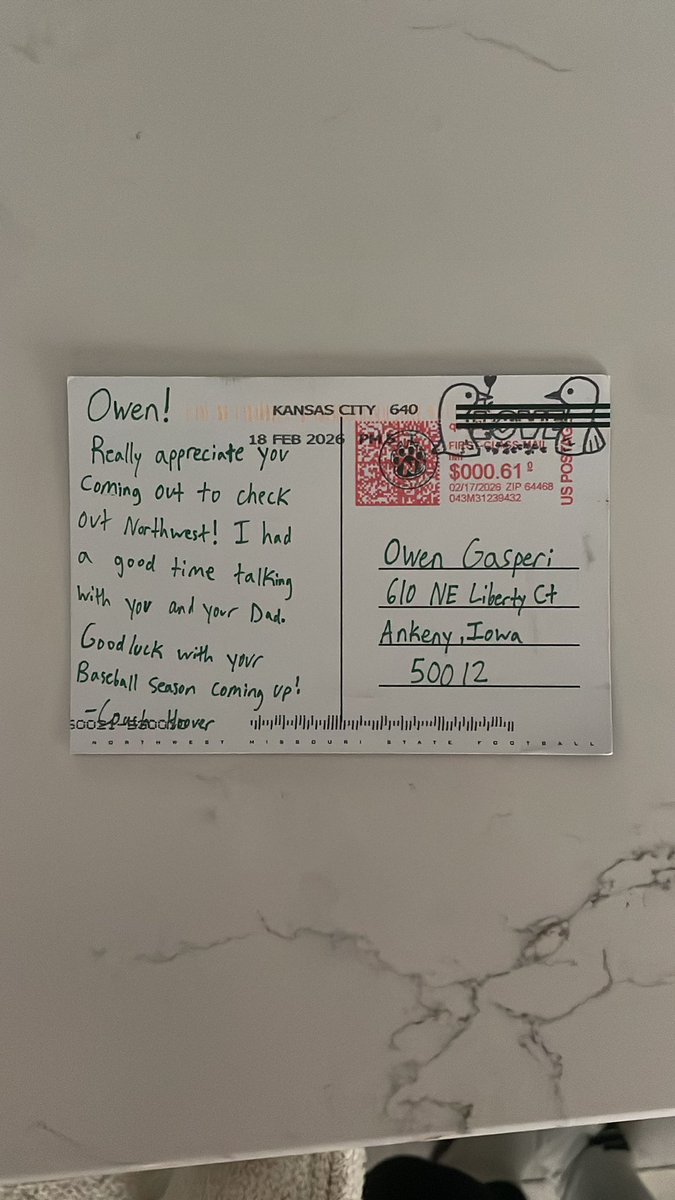 Thank you <a href="/CoachTHoover/">Tyce Hoover</a> for the mail! Can’t wait to get come back down for in the spring!!@NWBearcat_FB