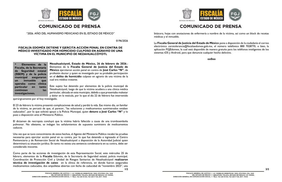 Alberto_Rubio's tweet photo. INVESTIGAN PRESUNTA NEGLIGENCIA MÉDICA.

En Nezahualcóyotl, un hombre perdió la vida tras ser intervenido en una clínica particular que, según la Fiscalía mexiquense, funcionaba sin cumplir condiciones sanitarias ni protocolos básicos de atención.

El paciente ingresó el 22 de febrero por dolor en la vesícula y fue intervenido quirúrgicamente, pero el procedimiento terminó en tragedia. Días después, la Fiscalía General de Justicia del Estado de México detuvo al médico José “N”, por su probable participación en el delito de homicidio culposo.

Durante el operativo, autoridades aseguraron el inmueble, recetas médicas, una bitácora con anotaciones a nombre de la víctima y medicamentos presuntamente caducados que fueron utilizados durante la cirugía.

La clínica que operaba como particular no contaba con acreditaciones para realizar intervenciones quirúrgicas, lo que agrava la responsabilidad de quienes permitieron su funcionamiento.

El caso no solo demuestra una presunta negligencia médica, sino también la fragilidad del control sanitario en espacios donde la salud se vuelve negocio y la vida termina reducida a un trámite.

En redes sociales han surgido más casos que no han denunciado las malas prácticas, que esto sirva para alentar en no dejar laborar bajo impunidad.

Una familia hoy exige justicia. 

Y una muerte recuerda que en México aún se puede morir por ir al médico equivocado.