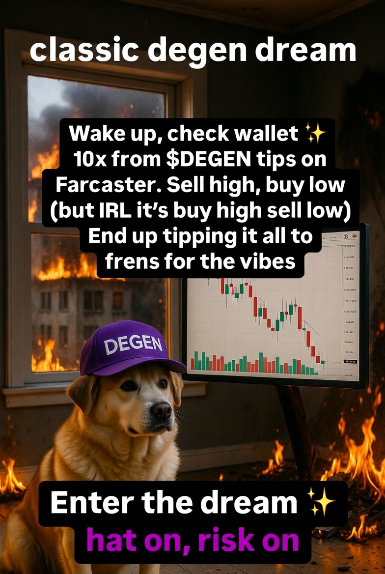 Degen Dream NFT by $DEGEN 777 supply only – free mint Q1 2026 on Base!  Farm WL points now: dream.degen.tips/dashboard
→ Connect X + wallet
→ Tasks, daily spin, submit memes/dreams
→ Refer frens → climb leaderboard  Hat on 🎩, risk on! Enter the dream 📷 #DEGEN #DegenDream