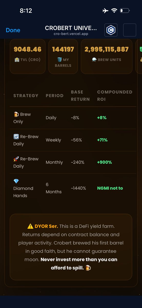 DefiDegen250's tweet image. BREW TO EARN 🍻 

Did my first compound today on @CrobertOnCronos Brewery 🍻 

Having my $CRO earning 8% daily is pretty impressive 🤑

Join in on the fun and start your journey brewing 🍻 

cro-bert.vercel.app/?ref=0xA95Dd34…

#Crobert #Cronos #DeFi #PonziSZN #BrewMasters