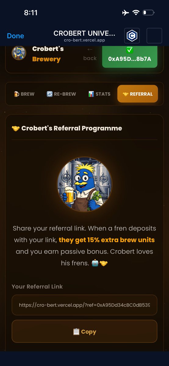 DefiDegen250's tweet image. BREW TO EARN 🍻 

Did my first compound today on @CrobertOnCronos Brewery 🍻 

Having my $CRO earning 8% daily is pretty impressive 🤑

Join in on the fun and start your journey brewing 🍻 

cro-bert.vercel.app/?ref=0xA95Dd34…

#Crobert #Cronos #DeFi #PonziSZN #BrewMasters