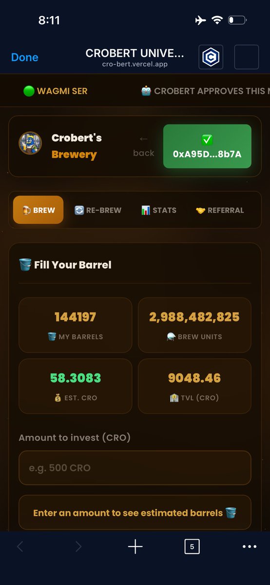 DefiDegen250's tweet image. BREW TO EARN 🍻 

Did my first compound today on @CrobertOnCronos Brewery 🍻 

Having my $CRO earning 8% daily is pretty impressive 🤑

Join in on the fun and start your journey brewing 🍻 

cro-bert.vercel.app/?ref=0xA95Dd34…

#Crobert #Cronos #DeFi #PonziSZN #BrewMasters