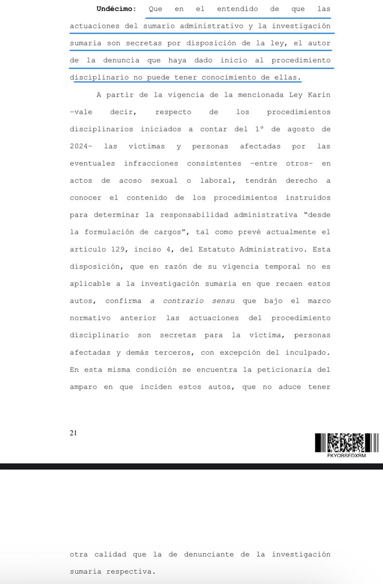 LLeguleya's tweet photo. CS (Rol 20151-2024 28.1.2026) Transparencia: Por aplicación de los arts 137 y 119 (modificado por la ley 21463 (“Ley Karin”)) del Estatuto Administrativo, las actuaciones del sumario administrativo y la investigación sumaria son secretas, por lo que el autor de la denuncia no puede tener conocimiento de ellas