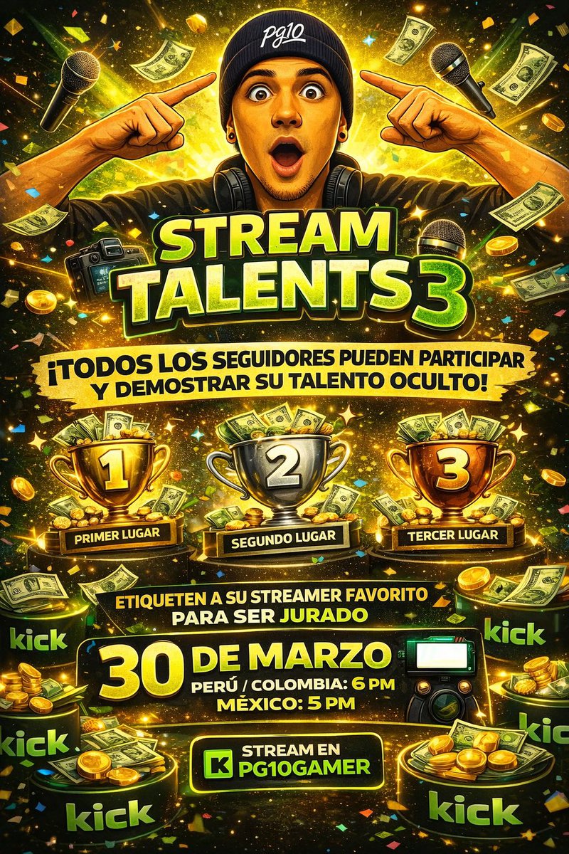 Fit10The's tweet photo. ¿Tienes un talento oculto ? 👀🔥 
Este 30  de marzo lo demuestras en vivo y  puedes ganar premios 🏆💸
¿Te atreves ? 
Será por mi canal de kick /pg10gamer 
Por mi Discord 
Mande dm para el Discord 

#KickStreamer #talentolatam #streamtalent3 #fypシ #Eventos #peru #colombia #mexico