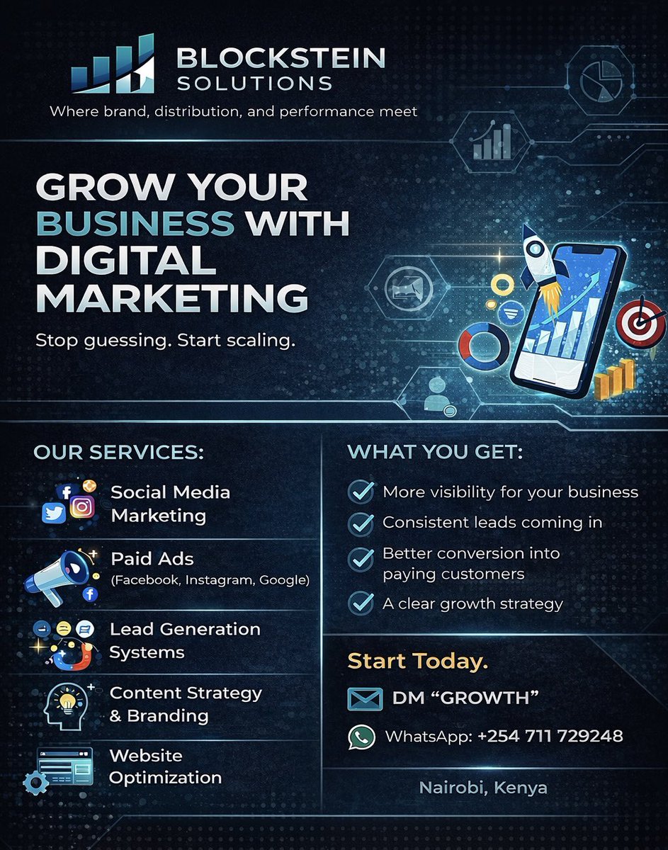 Blockstein_'s tweet photo. If your business isn’t growing online, it’s not a market problem — it’s a marketing problem.

Most businesses don’t need more ideas. They need visibility, leads, and consistent sales.

I help turn attention into revenue.

DM “GROWTH” or WhatsApp 0711 729248 https://t.co/eSFIKX4657