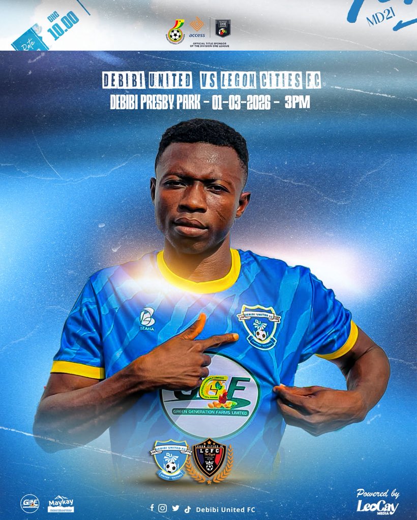 Abdulsaeed240's tweet photo. 🤍💛🩵MATCHDAY 20🤍💛🩵

🏆Access Bank Division One League 

⚽️| Legon Cities FC🆚Debibi United Football Club
📆| SATURDAY,2102/2026

🏟️| DEBIBI PRESBY PARK

📍| DEBIBI 

 💰| 10.00 ₵

 🕰️| 3:00 PM

#greengenerationfarms
#maykaydrinkingwater
#unitedforvictory
#AccessBankDOL https://t.co/9tjb77RYPo