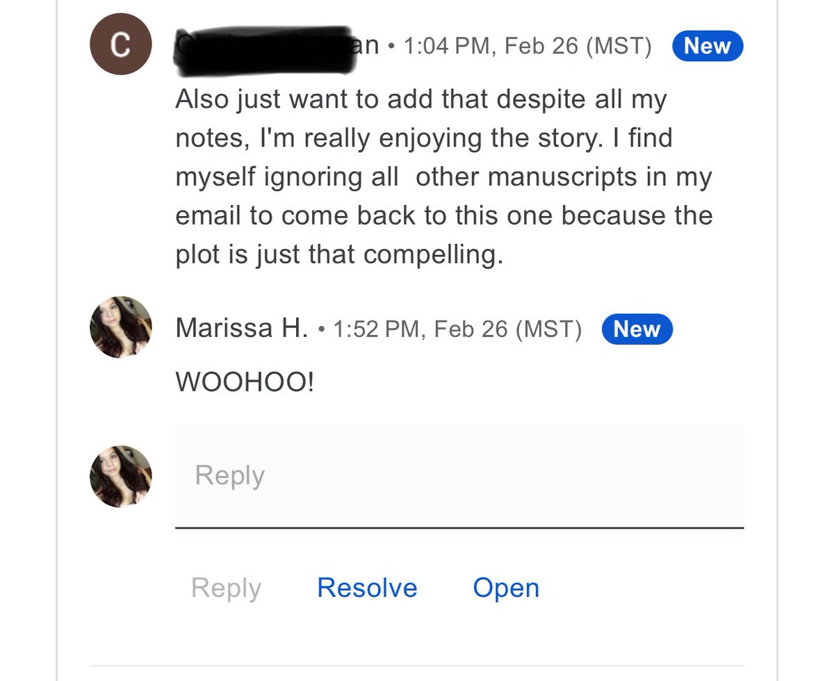marissa_writes1's tweet photo. My beta reader made my day ❤️that’s 2/2 beta readers who’ve really enjoyed my book. Now if I could just get an agent to take a look at it😩 #querying #WritingCommunity #writersoftwitter #pubtips #literaryfiction #querytrenches #debutauthor https://t.co/9qUJ7H7SlE