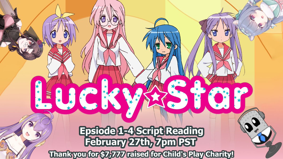 Which end of a chocolate cornet do YOU think is the head?

For this year's charity script reading stream, and instead of a movie, I dug up an all-time classic: LUCKY STAR!

Join <a href="/LainBlanc/">Lain Blanc🗝️☕️BJD🔜FFXIV FANFEST</a>, <a href="/PearlOtter/">PearlOtter 🦦🛳️➡️SKREE 2026! 🦇⚙️</a>, <a href="/vividlyASMR/">vivi ☢️🚀 3AM & Vershion</a>, and I for what could be mistaken for a Just Chatting stream!