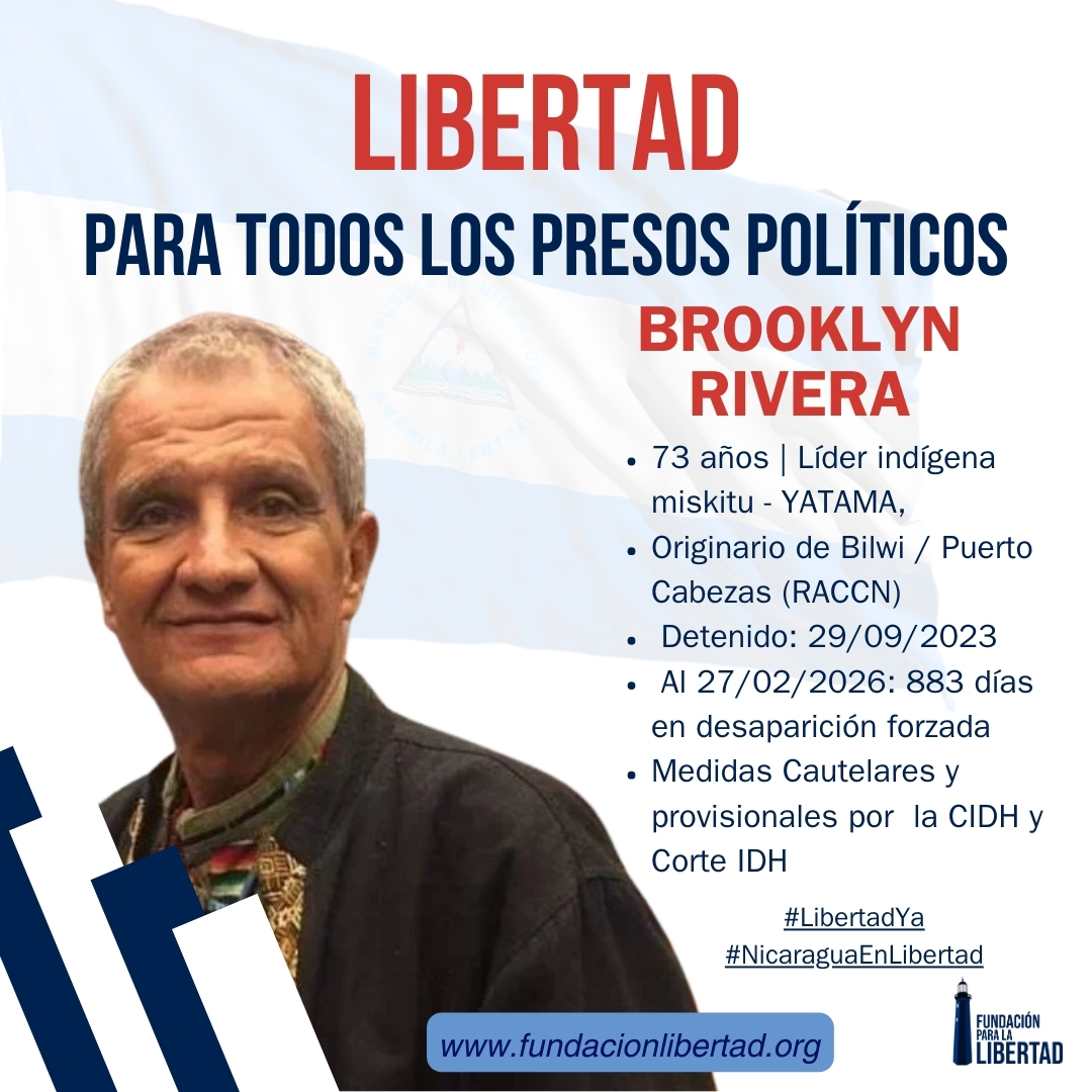 FundaLibertadNi's tweet photo. Brooklyn Rivera Bryan, líder indígena mískitu y referente de YATAMA, fue detenido el 29 de septiembre de 2023 en Bilwi y desde entonces su familia ha vivido entre el silencio y la incertidumbre, sin acceso real ni información completa sobre su situación.
Al 27 de febrero de 2026 son 882 días de desaparición forzada y ocultamiento: sin prueba de vida pública y sin garantías mínimas.
La CIDH otorgó medidas cautelares y exigió al Estado determinar su paradero, informar condiciones de detención y permitir acceso a familiares y abogados.
Y la Corte IDH ordenó su liberación inmediata, revelar lugar y condiciones de detención y garantizar salud, contacto familiar y defensa, además de protección para su núcleo familiar. 

Amnistía Internacional lo declaró preso de conciencia y recordó que, tras más de un año de desaparición, el Estado admitió en 2024 que lo mantenía bajo custodia, pero sigue sin permitir ver ni hablar con él.
Libertad para Brooklyn Rivera y todas las personas presas políticas en Nicaragua.

¡Libertad para Brooklyn Rivera y para todas las personas presas políticas en Nicaragua!

#LibertadYa 
#NicaraguaEnLibertad