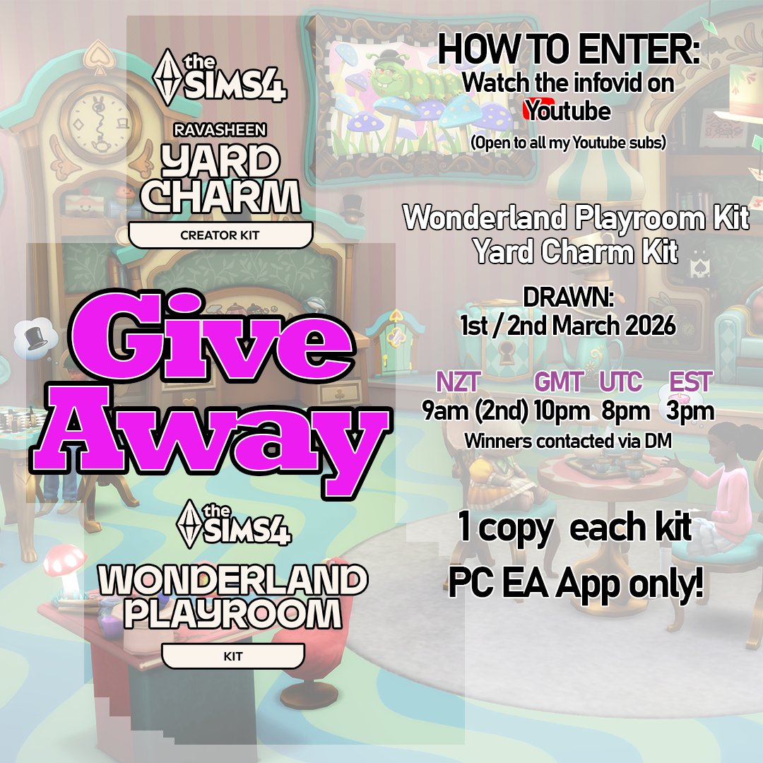 VelvettBYT's tweet photo. 🎩Giveaway🎩

Thanks to the #SimsCreatorProgram I am giving away 1 copy each [EA App] of the #WonderlandPlayroomKit and #YardCharmKit on Youtube!

This is open to all my YT subs (watch the vid for how to enter!): 
https://t.co/0RqetQSOn4

#SimsPartner #Sims4 #TheSims4 @TheSims https://t.co/sS6lk4kTzG