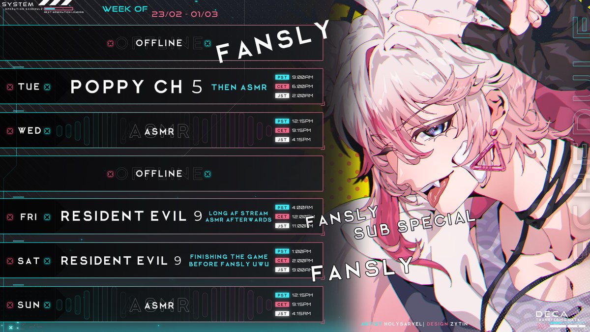 Deca900's tweet photo. Weekly Schedule time~ (Feb 23rd - Mar 3rd)
Little bit late but FINALLY NEW SCHEDULE ON TWITTER AAAAA
SFW Art: #DecaInArt
NSFW Art: #DecaInHeat
Oshi Mark: πΊ https://t.co/mH8qOCaYSS