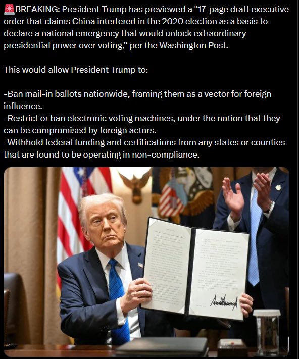 TruthMedia123's tweet photo. 🔥突发！川普总统拟发布行政命令 针对中共国干预2020美国总统大选 宣布国家紧急状态！

据《华盛顿邮报》2月26日报道，川普总统已预先公布一份“17页的行政命令草案”，该草案声称中国干预了2020年大选，并以此为由宣布国家进入紧急状态，从而赋予总统对选举拥有非同寻常的权力。  
✅这将允许川普总统：  
- 在全国范围内禁止邮寄选票，理由是邮寄选票是外国势力干预选举的途径。  
- 限制或禁止使用电子投票机，理由是电子投票机可能被外国势力入侵。  
- 扣留任何被发现不遵守规定的州或县的联邦资金和认证。