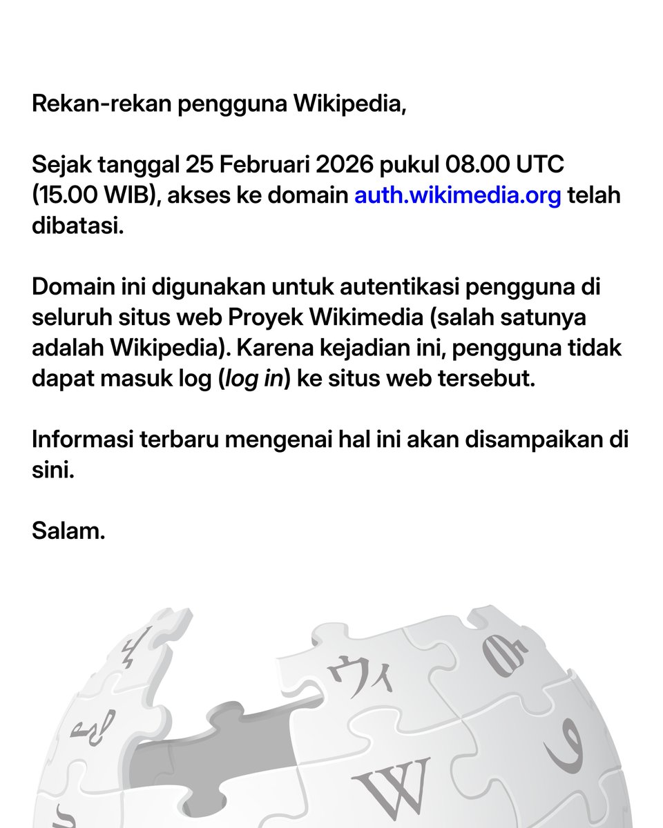 Pengumuman bagi seluruh pengguna Wikipedia.