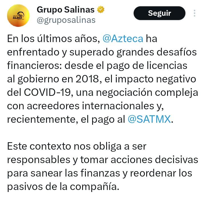 Todos los medios del mundo pagan licencias, todos tuvieron el impacto del COVID, todos tienen acreedores y todos pagan impuestos.

El único pendejø que se fue a la quiebra fue <a href="/RicardoBSalinas/">Don Ricardo Salinas Pliego</a>