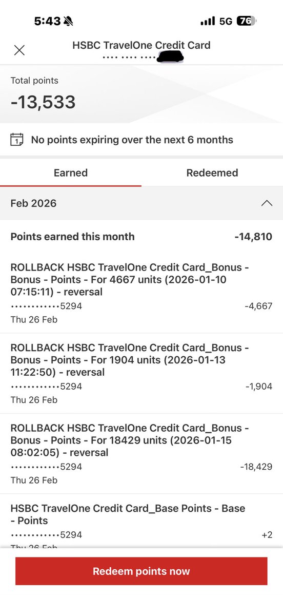 RunSipTravel's tweet photo. HSBC TravelOne users – check your points NOW.

Since yesterday, random “ROLLBACK – Bonus Points – reversal” entries are hitting accounts with zero notification or rationale. HSBC has confirmed a tech glitch.

@ccg33k @greatindianmile https://t.co/fzItYFeN0y