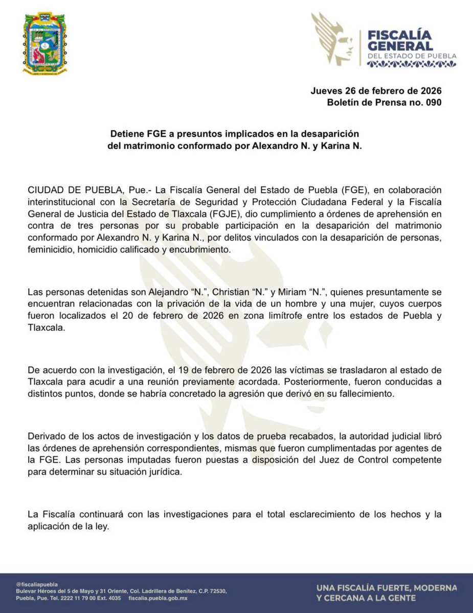 🚨🚔 Son cinco los implicados en el homicidio de matrimonio Tello Ruíz, toda vez que la <a href="/FiscaliaPuebla/">FGE Puebla</a> salió a decir que en el Estado se llevó a cabo la aprehensión de tres personas identificadas como Alejandro N. Christian N. y Miriam N., y otras dos más en Tlaxcala.
