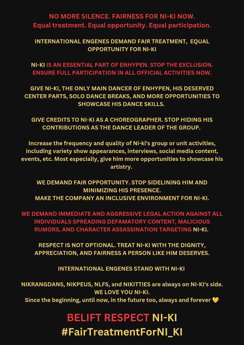 BELIFT RESPECT NI-KI
#FairTreatmentForNI_KI
<a href="/BELIFTLAB/">BELIFT LAB</a> <a href="/ENHYPEN/">ENHYPEN OFFICIAL</a>
<a href="/HYBEOFFICIALtwt/">HYBE OFFICIAL</a>