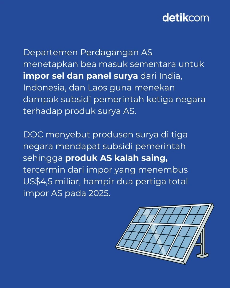 detikfinance's tweet image. #AS tiba-tiba mengenakan tarif sangat tinggi hingga sekitar 104 % atas #impor dari #Indonesia dalam langkah terbaru kebijakan perdagangan. Kebijakan ini bagian dari upaya AS melindungi industri dalam negerinya di tengah ketegangan dagang. 🇺🇸⚡🇮🇩

Foto: Reuters/Kenny Holston