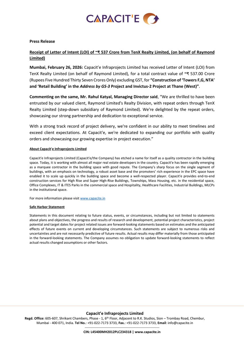 stocknewslatest's tweet image. #CAPACITE Capacit'e Infraprojects Limited has received a Letter of Intent (LOI) from TenX Realty Limited (on behalf of Raymond Limited) for a contract worth ~₹537 Crore. The project involves construction of 'Towers F,G, NTA' and 'Retail Building' in Thane.
#StockMarketUpdate