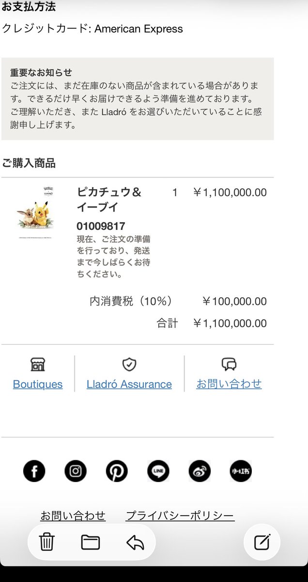pinnki18's tweet photo. リヤドロのピカチュウ＆イーブイ購入！

しかし
世界に288体しかない激レアを普通に買えてしまうのか？と思いリヤドロ様へ問い合わせたところ、、まだ確定で購入出来る訳では無いとのこと😭キャンセル時は電話かメールがくるみたい。ドキドキワクワク☺️ https://t.co/qBqz1lbmri