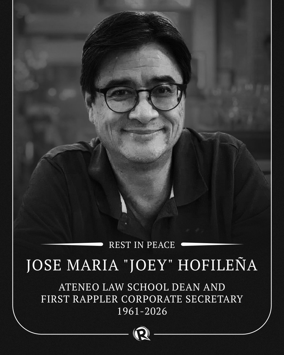 Rest in peace, Dean Joey.

Jose Maria “Joey” Hofileña, dean of the Ateneo Law School, died on Thursday, February 26. He was 64.

He also served as the first corporate secretary of Rappler when it was founded in July 2011. rappler.com/people/obituar…