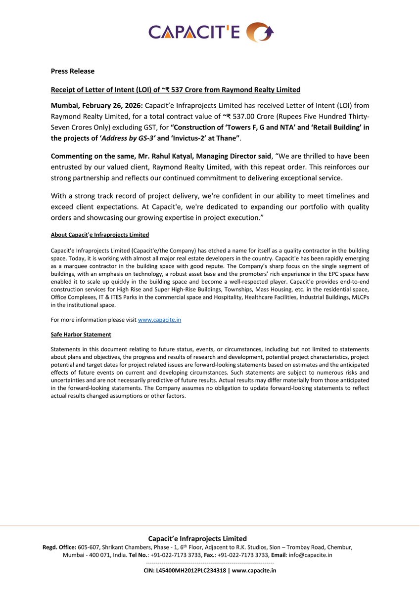 stocknewslatest's tweet image. #CAPACITE Capacit'e Infraprojects Limited secured a Letter of Intent from Raymond Realty Limited for a contract valued at ₹537 Crore. This project involves the construction of multiple towers and a retail building in Thane, reinforcing their partnership and expertise.