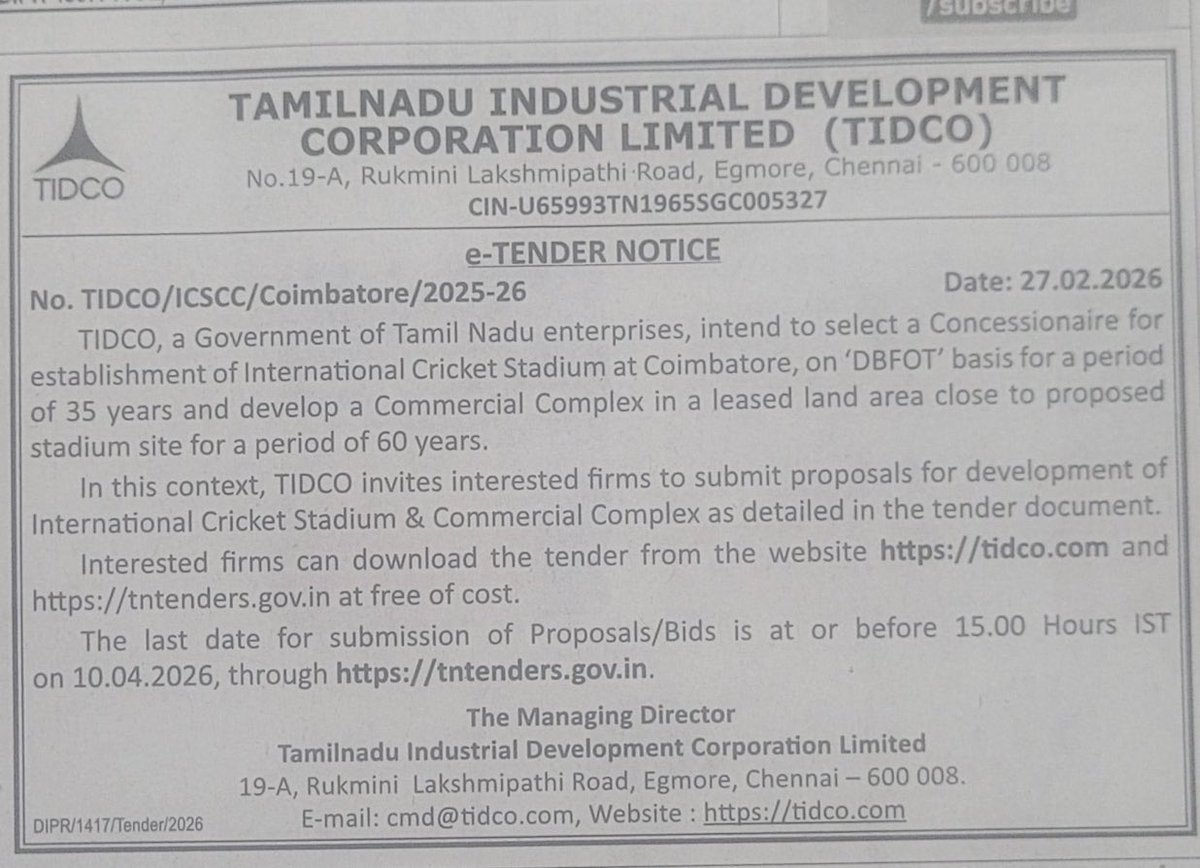 NammaCoimbatore's tweet photo. 🏏TIDCO has floated an e-tender to select a concessionaire for developing an International Cricket Stadium in #Coimbatore on a 35-year DBFOT basis, along with a Commercial Complex on 60-year lease.

🗓️ Bid submission
 deadline: 10.04.2026 (3:00 PM IST)

#CICS https://t.co/kgwQ1kxSWa