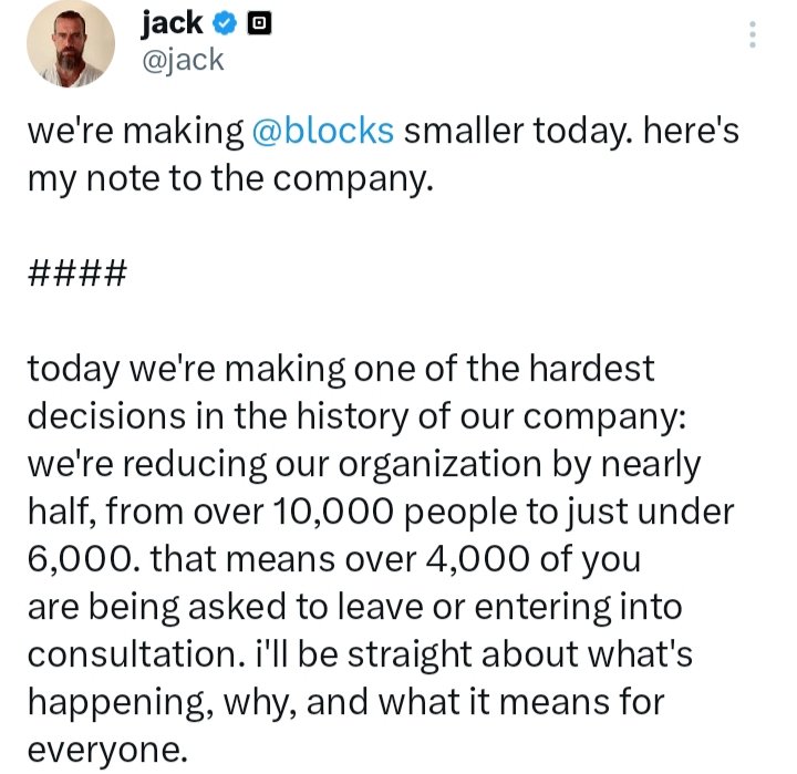 CryptoEducStan's tweet photo. Jack Dorsey just announced Block is cutting nearly half its workforce, from over 10,000 to under 6,000 people, in one of the largest layoffs in its history. He says the business is strong, but AI + smaller teams now enable a fundamentally new way of working. https://t.co/xQn8nhxCiD