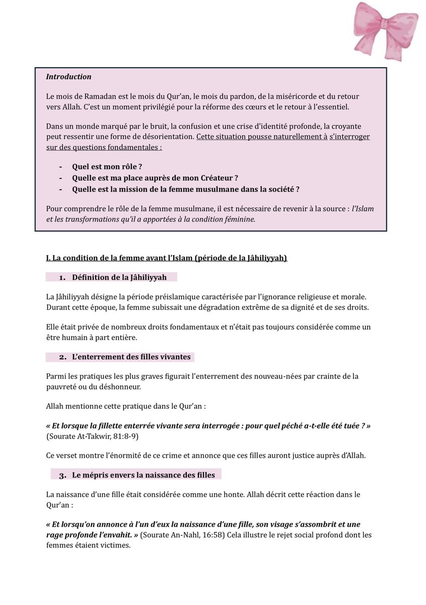 Rabyatouuu's tweet photo. Salem Aleykoum, 

Voici mes notes de la conférence n°9 de l'Institut Al-Ihsan sur le thème : « le rôle de la femme musulmane » ( lien drive ( pdf ) en commentaire ) https://t.co/JYWNyaBANS