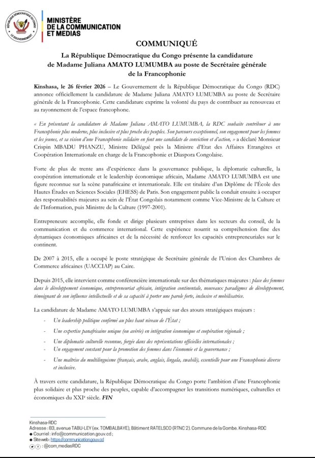 Tahuralab's tweet photo. 1/3
#RDC a officiellement désigné, le 26 février 2026, Juliana Amato Lumumba comme candidate au poste de Secrétaire générale de l’Organisation internationale de la Francophonie (OIF), selon un communiqué du ministère de la Communication et des Médias. https://t.co/kjYCSTyNx7