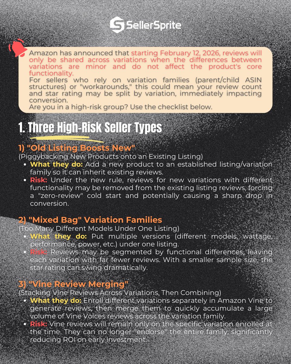 SellerSprite_EN's tweet image. ⚠️Amazon announces to stop sharing reviews across variations unless differences are minor and do not change core functionality, starting Feb 12, 2026. If you rely on parent child review sharing, conversion could take a hit. #AmazonUpdates #AmazonFBA #AmazonSeller