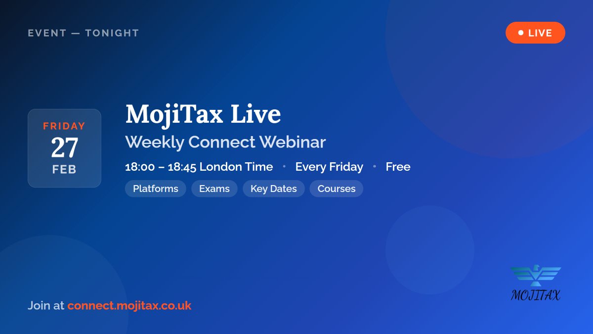 MojitaxTraining's tweet photo. 🔴 MojiTax Live starts TONIGHT! 18:00–18:45 on Connect — platforms, exams, key dates &amp; upcoming courses. Every Friday, free for all students.

https://t.co/uZazM6oSYn

#MojiTaxLive #TaxTraining https://t.co/TU6Y7uA99J