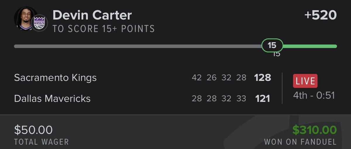 fitzmagic13's tweet image. It took many shots, and many free throws..

Devin Carter 15 +520!✅💰
whop.com/beat-the-books…