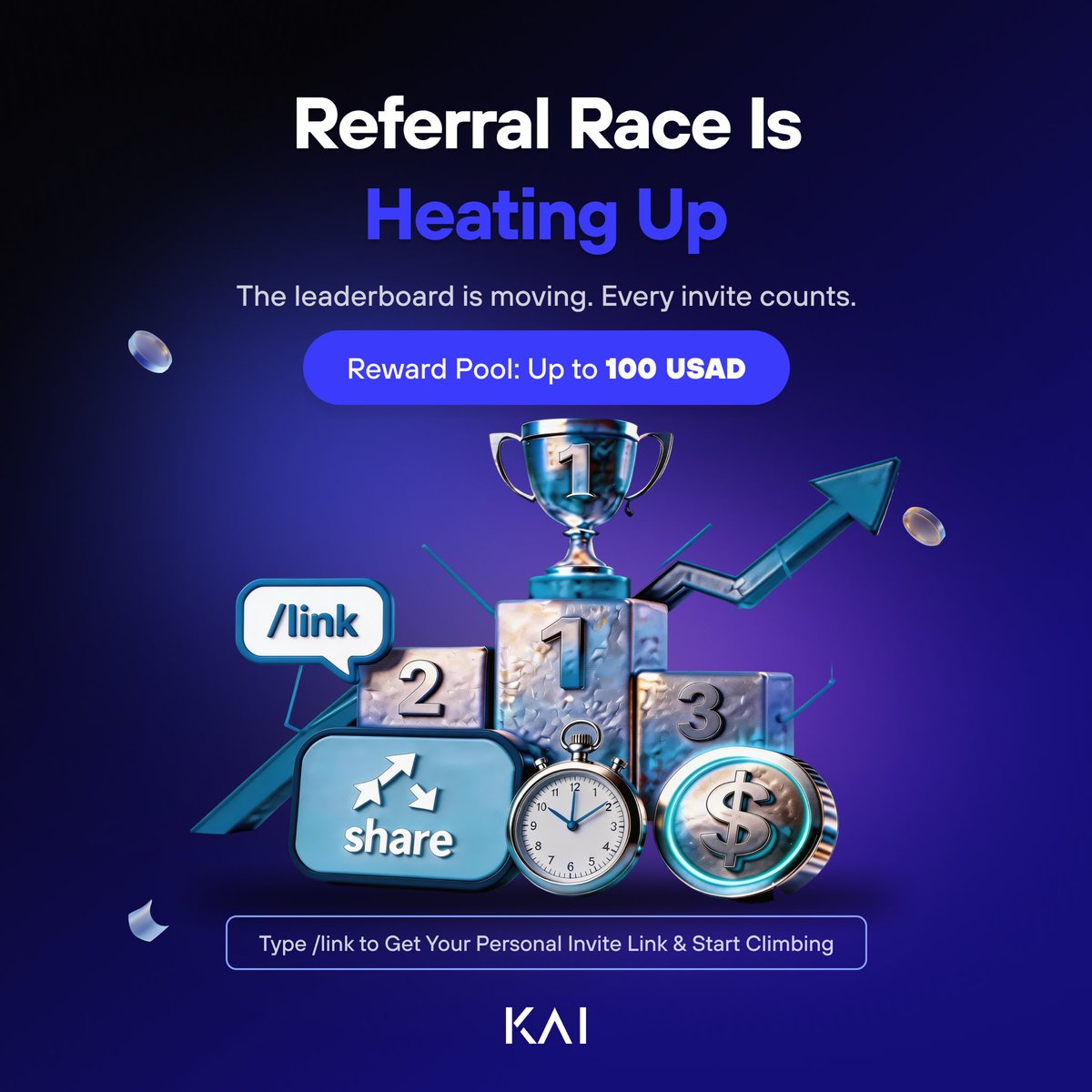 🔥 Referral Race Is On!

Every invite moves you up the leaderboard.
🚀 Reward Pool: Up to 100 USAD

Type /link to get your personal invite link &amp; start climbing!
Referrals tracked live, top spots filling fast. Are you in?
More details here ( t.me/KaiCexOfficial… )