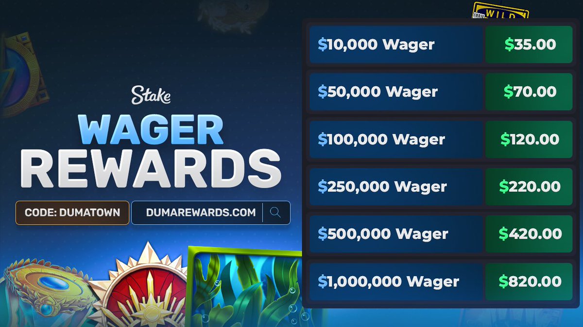 10-15% Lossback 
10% Depo Bonus
Rank Up Rewards
$1,000 Monthly Leaderboard
Find More Information Here 👉discord.gg/dumatown