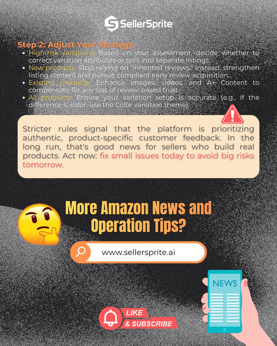 SellerSprite_EN's tweet image. ⚠️Amazon announces to stop sharing reviews across variations unless differences are minor and do not change core functionality, starting Feb 12, 2026. If you rely on parent child review sharing, conversion could take a hit. #AmazonUpdates #AmazonFBA #AmazonSeller
