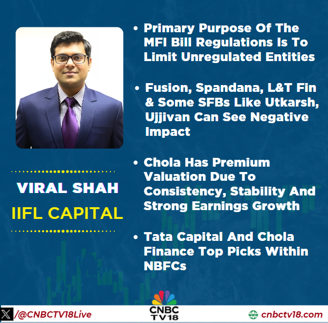 CNBCTV18Live's tweet image. #OnCNBCTV18 | Primary purpose of the #MFI bill regulations is to limit unregulated entities, North-focussed MFI lenders may get more impacted. Fusion, Spandana, L&amp;amp;T Fin &amp;amp; some SFBs like Utkarsh, Ujjivan can see negative impact, says #ViralShah of #IIFLCapital