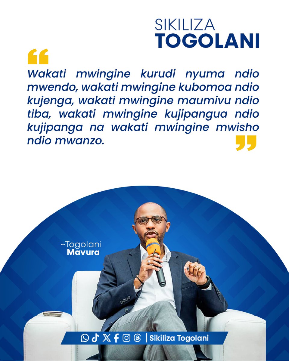 SikilizaTogolan's tweet photo. "Wakati mwingine kurudi nyuma ndio mwendo, wakati mwingine kubomoa ndio kujenga, wakati mwingine maumivu ndio tiba, wakati mwingine kujipangua ndio kujipanga na wakati mwingine mwisho ndio mwanzo." ~ Togolani Mavura. https://t.co/Ir7P4WSwY5
