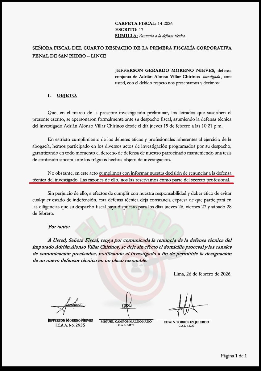 🎯#LoÚltimo 
ABOGADO RENUNCIA A LA DEFENSA DE ADRIÁN VILLAR
El abogado Jefferson Moreno renunció a la defensa de Adrián Villar, responsable de atropellar a la deportista Lizeth Marzano. Aunque Moreno justificó su salida bajo el "secreto profesional", su retiro coincide con una