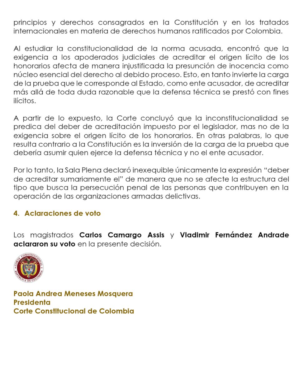 🚨 C-035/2026 🚨 <a href="/CConstitucional/">Corte Constitucional</a> Declara Inexequible apartes Art 340A la expresión “sin perjuicio del deber de acreditar
sumariamente el origen lícito de los honorarios" por desconocer el principio de presunción de inocencia
establecido en el artículo 29 superior.