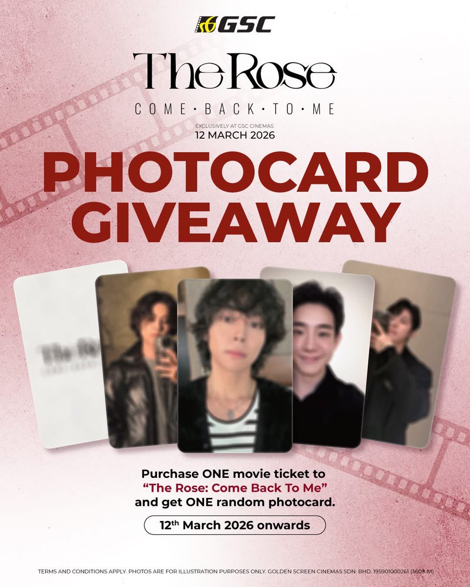 GSCinemas's tweet photo. 🌹 Black Roses, are you ready?

Tickets are on sale now for #TheRose: Come Back To Me! 😍

Starting 12 March, receive 1 random photocard with every purchase of 1 movie ticket to #TheRoseComeBackToMe at selected GSC locations  📸💫

Don’t miss the chance to witness The Rose’s journey, heartfelt story, and powerful live music on the big screen 🎶🌹 Limited stocks only — once they’re gone, they’re gone! Hurry up and get tickets now! 🥹

For more info: https://t.co/ZStnVOHRCO