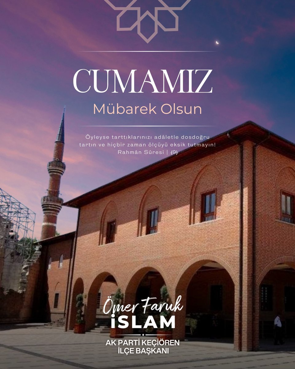 Öyleyse tarttıklarınızı adâletle dosdoğru tartın ve hiçbir zaman ölçüyü eksik tutmayın!
Rahmân Sûresi | ﴾9﴿

Hayırlı cumalar.

<a href="/RTErdogan/">Recep Tayyip Erdoğan</a> <a href="/hakanhanozcan/">Hakan Han ÖZCAN 🇹🇷</a> <a href="/erhansarigol/">Erhan Sarıgöl</a> <a href="/omerfarukislam/">Ömer Faruk İSLAM</a>