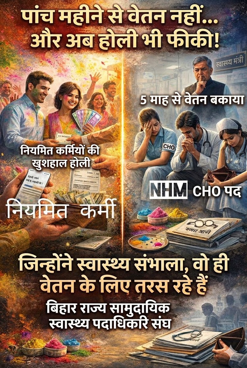 BRCHOA1's tweet image. त्योहारों की खुशी तो नियमित कर्मियों के लिए है, NHM के नए CHOs के हिस्से तो बस 5 महीने का 'बकाया' आया है।
होली के रंग फीके पड़ गए हैं क्योंकि जेबें खाली हैं।

​#BiharCHO #Salary #HoliWithoutSalary #HealthWorkers