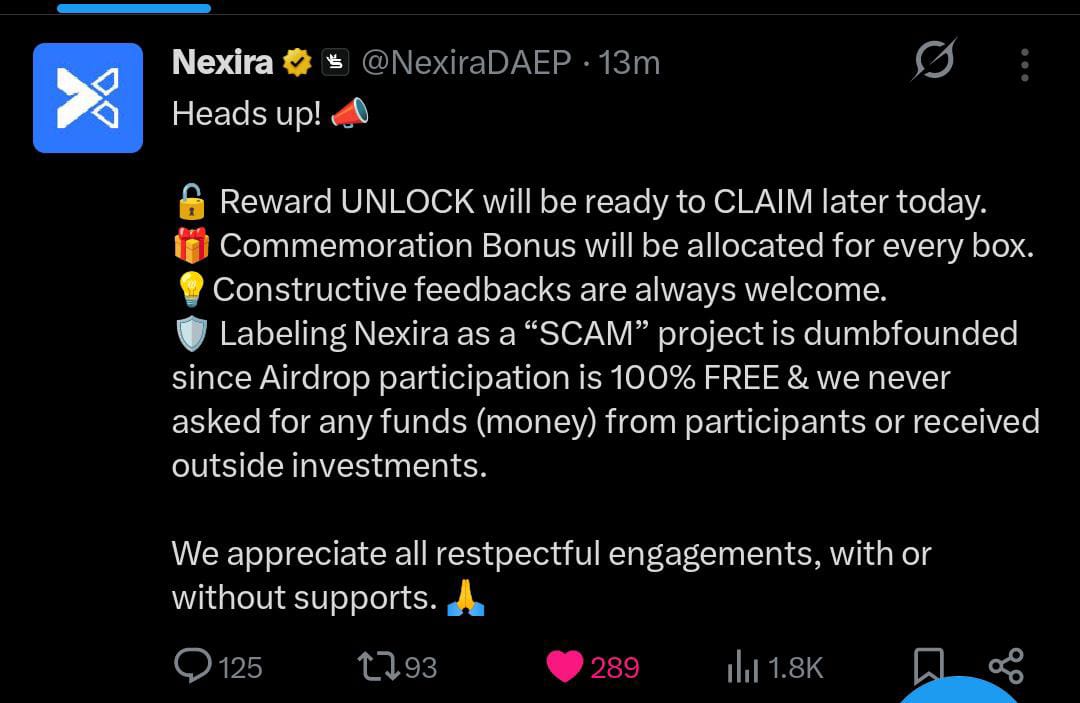 Adamcryptoo04's tweet photo. #Nexira latest #Update

⚡ Reward UNLOCK will be ready to claim later today.

⚡ Stay tuned https://t.co/odXWhBpXKj