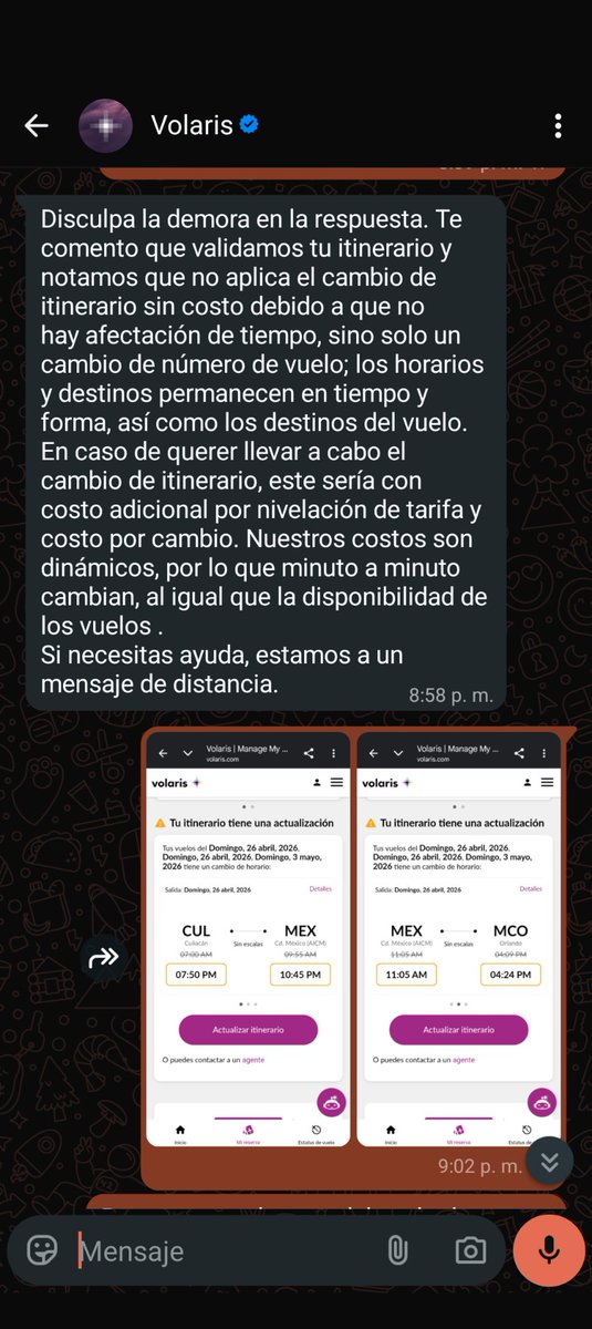 HiperEmmanuel's tweet photo. @Profeco me quieren cobrar por cambio de fecha de vuelo, ellos me movieron de vuelo y ya ni podré tomar la conexión por ese cambio que me hizo @viajaVolaris , aquí que aplica? https://t.co/chqB1nzeLO