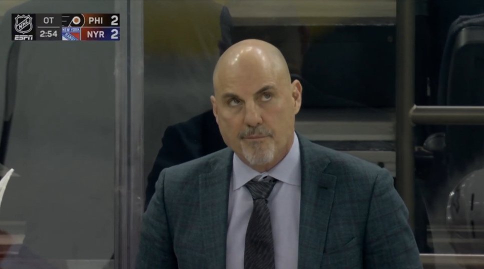 goalfarabee86's tweet image. Rick Tocchet's reaction to Matvei Michkov scoring the game winning goal in overtime against the New York Rangers tonight