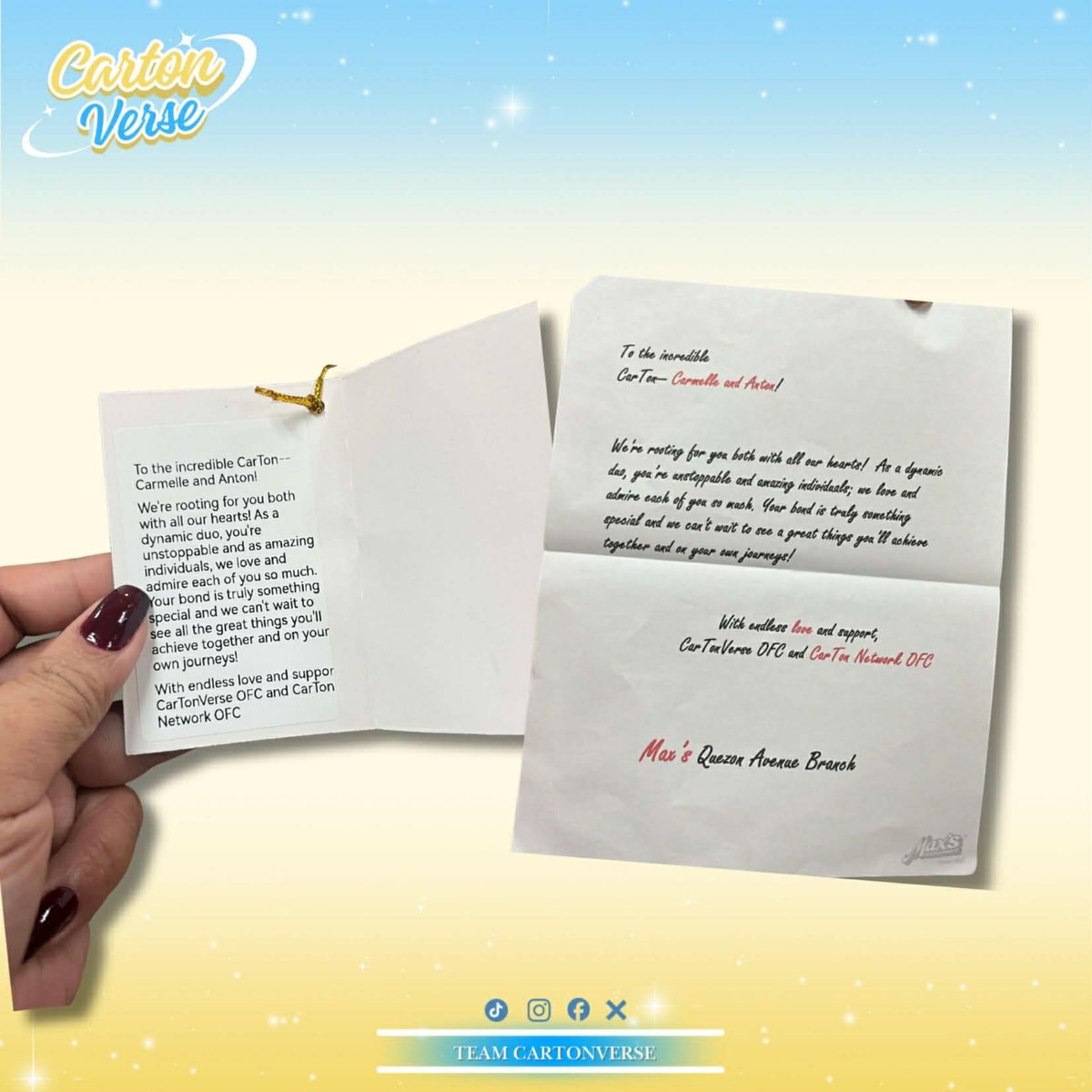 Celebrating the monthsary of #Carton and their very first duet in the outside world! 🥂✨ From the screen to the stage, seeing Carmelle and Anton together just hits different. Here’s to many more milestones and melodies. 🍰💐
We love you Carton 📦