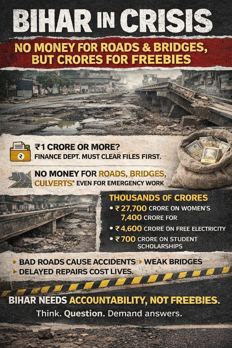 Nalanda_index's tweet photo. BIHAR IN CRISIS: NO MONEY FOR ROADS & BRIDGES, BUT CRORES FOR FREEBIES
If a department in Bihar needs ₹1 crore or more from the state treasury, it must first take clearance from the Finance Department.
Even for building or repairing roads, bridges, and culverts, files are stuck.
In many cases, officials are told to wait for weekseven for urgent work.
This exposes the grim financial reality of Bihar.
The Bihar government is facing an acute cash shortage.
Spending on roads and bridges has been stopped or severely restricted.
With 34 days still left before FY 2026–27 begins, the government admits it has no funds for basic infrastructure construction or maintenance.
Now look at the other side of the story 👇
Thousands of crores are being spent on so-called “free schemes”
Free electricity, cash transfers, pensions, allowances, and subsidies.
Welfare is important.
But when freebies get priority over development, the consequences are dangerous.
Bad roads cause accidents.
Weak bridges collapse.
Delayed repairs cost lives.
In Bihar, development is being sacrificed for short-term political gains.
Instead of investing in infrastructure that creates jobs and growth, money is being drained without building long-term capacity.
This is not governance.
This is financial mismanagement.
Bihar doesn’t need more announcements.
Bihar needs accountability, planning, and sustainable development.
Ask questions.
Raise your voice.
Because a state cannot move forward on empty coffers and broken roads.